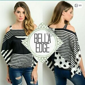 Black and White Striped Polka Dot Cold Shoulder Top